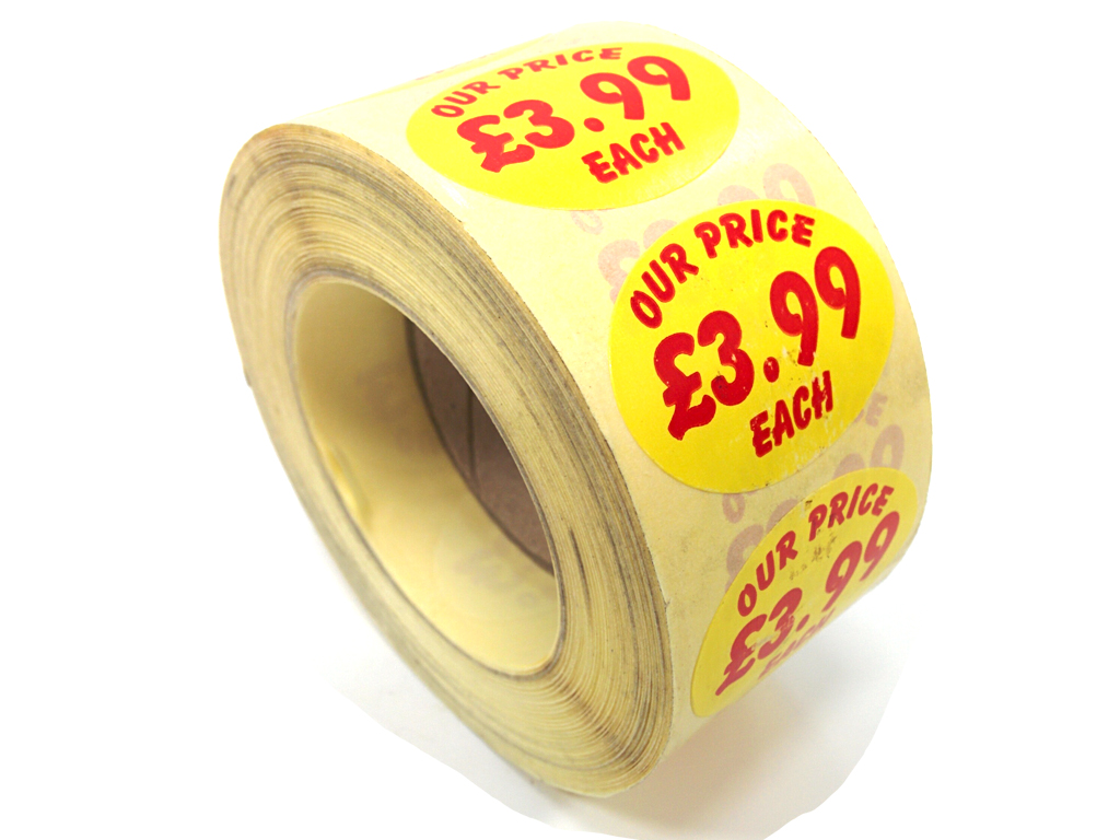 PRICE OVAL £3.99 LABELS 1000/ROLL YELLOW/RED