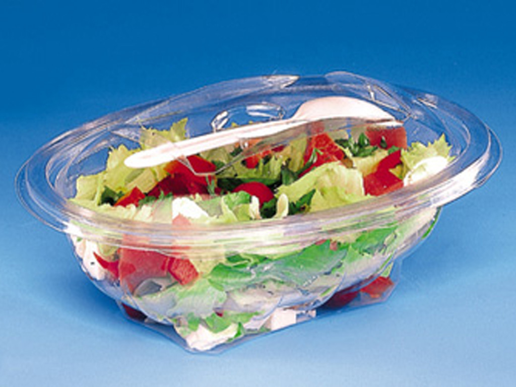 CLEAR SALAD BOWL 370CC OVAL+ WOODEN FORK 400/BOX